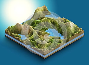 3d map isometric of a chain of mountains and ponds with vegetation and forest