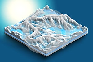 3d map isometric of a chain of perennial glaciers in dissolution