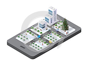3D map of isometric city mobile phone on the street. Navigation technology