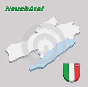 3D Map outline and Coat of arms of Neuchatel, The canton of Switzerland