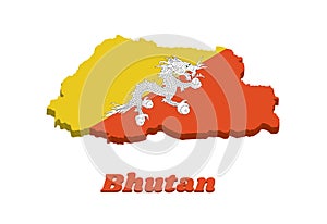 3D Map outline and flag of Bhutan, triangle yellow and orange, with a white dragon holding four jewels in its claws centered