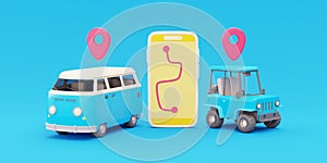 3D Map route navigation on smartphone with Off-road car, retro travel van and location pin, Tourism and travel, 3d rendering