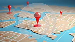 3D Map travel location. Locator mark of map and location pin or navigation icon sign on background with search