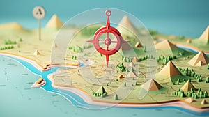 3D Map travel location. Locator mark of map and location pin or navigation icon sign on background with search