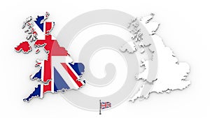 3D map of United Kingdom white silhouette and flag