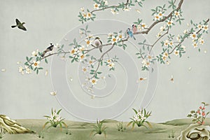 3d marble mural background light simple green wallpaper . birds in branches flowers floral background with flowers and herbs