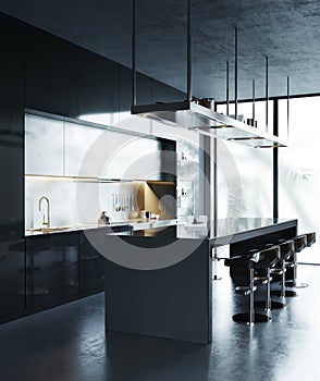 3d masculine dark minimal industrial kitchen with concrete and glossy details and a view to palm tree