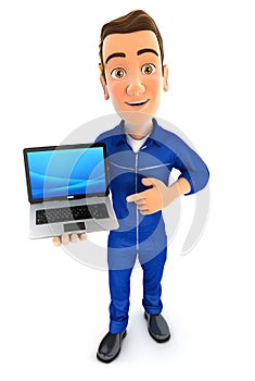 3d mechanic holding a laptop