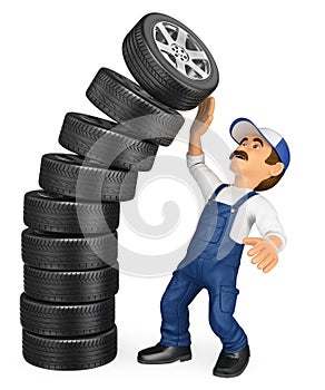 3D Mechanic with a pile of tires falling on top. Work accidents