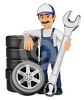 3D Mechanic with a stack of tyres and a huge wrench