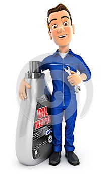 3d mechanic standing next to oil motor canister
