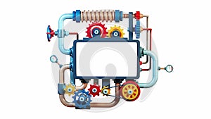 3D mechanism with gears, pipes and a screen for inserting something