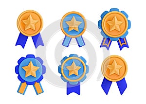 3D medal icon. Quality gold star for certificate or award. Championship reward. Trophy render badge. Customer rating