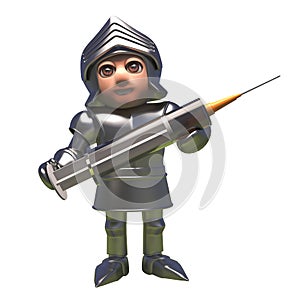 3d medieval knight in shining armour cartoon character holding a vaccine syringe