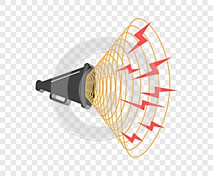 3D megaphone hailer, talking loudly to turn. Sound waves are directed. Vector design element, icon on isolated background.