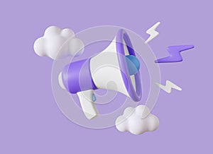 3d megaphone or loudspeaker with lightning and clouds around in cartoon style. concept of social media promotion or breaking news