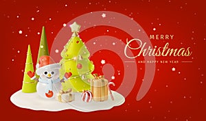 3d Merry Christmas and Happy New Year Placard Poster Banner Card Template Cartoon Style. Vector
