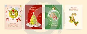 3d Merry Christmas and Happy New Year Placard Poster Banner Card Template Set Cartoon Style. Vector