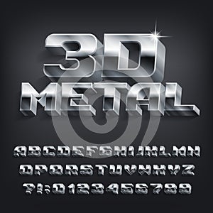 3D metal alphabet font. 3D effect chrome letters, numbers and symbols with shadow.