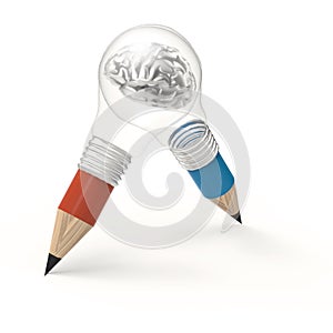 3d metal human brain inside pencil light bulb