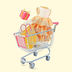 3d Metal Shopping Cart with Paper Bag, Gift Box and Female Dress Cartoon Design Style. Vector