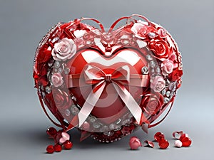 3D Metallic Sphere Love red heart with ruban gift surrounded by strass and roses. Happy Valentine day illustration.