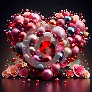 3D Metallic Sphere Love red heart with ruban gift surrounded by strass and roses. Happy Valentine day illustration.