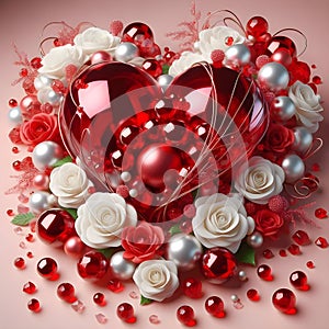 3D Metallic Sphere Love red heart with ruban gift surrounded by strass and roses. Happy Valentine day illustration.