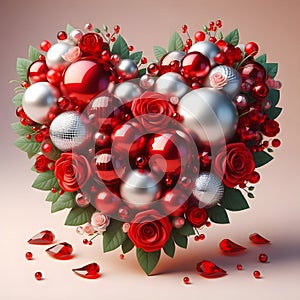 3D Metallic Sphere Love red heart with ruban gift surrounded by strass and roses. Happy Valentine day illustration.