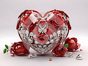 3D Metallic Sphere Love red heart with ruban gift surrounded by strass and roses. Happy Valentine day illustration.