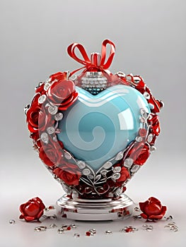 3D Metallic Sphere Love red heart with ruban gift surrounded by strass and roses. Happy Valentine day illustration.