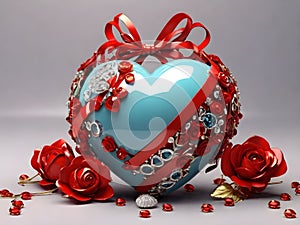 3D Metallic Sphere Love red heart with ruban gift surrounded by strass and roses. Happy Valentine day illustration.