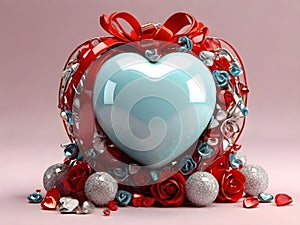 3D Metallic Sphere Love red heart with ruban gift surrounded by strass and roses. Happy Valentine day illustration.