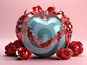 3D Metallic Sphere Love red heart with ruban gift surrounded by strass and roses. Happy Valentine day illustration.