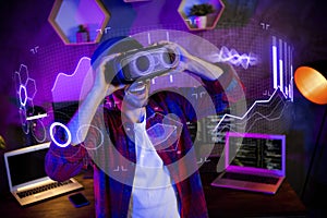 3d metaphor holographic collage of geek programmer working on internet safety using futurism goggles at night office