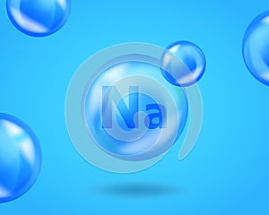 3D Mineral Na Sodium drop pill capsule. Blue nutrition design for beauty, cosmetic, heath advertising. Realistic mineral