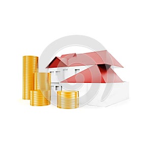 3d miniature house with stack of gold coins concept