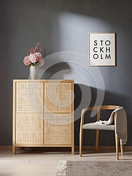 3d minimal modern dark blue Scandinavian interior with a cane sideboard and a frame