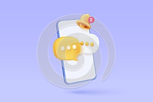 3D minimal speech bubble with bell notification new message on mobile phone. online social conversation comment concept, chat