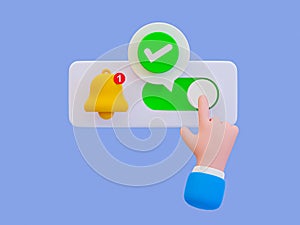 3d minimal turn-on notification concept. New update reminder. New notification alert. A bell icon and switch toggle button. 3d