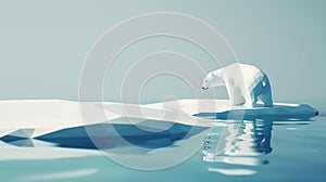 3D minimalist polar bear on a shrinking ice floe, vast blue ocean surrounds, climate crisis visualization