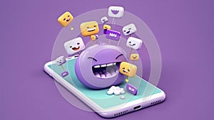 3D mobile phone with apps, creative cartoon design icon isolated on purple background, 3D rendering, social media marketing