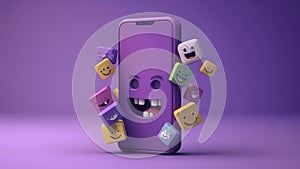 3D mobile phone with apps, creative cartoon design icon isolated on purple background, 3D rendering, social media marketing