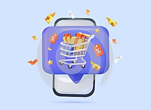 3D Mobile phone with shopping cart full, online shopping vector illustration, online ordering notification concept. 3D