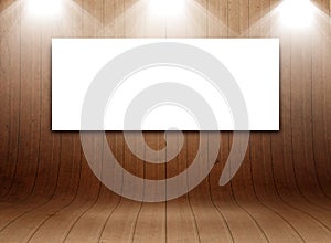 3D mock up design with blank canvas in curved wooden room display