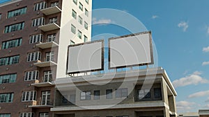 3D Mockup outdoor advertising billboard on roof near high building