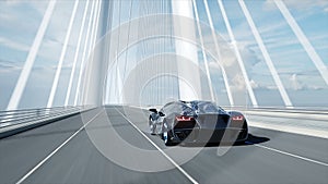3d model of black futuristic car on the bridge. Very fast driving. Concept of future. Realistic 4k animation.