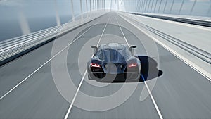 3d model of black futuristic car on the bridge. Very fast driving. Concept of future. Realistic 4k animation.