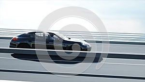 3d model of black sport car on the bridge. Very fast driving. 3d rendering.