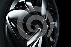 3D model of a Car wheel, a disc of a metallic color, a car wheel on a black background. Tire service, car service, repair,